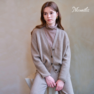 Mountlis蒙缇 100%阿尔巴斯山羊绒蝙蝠袖V领拼花外套女高级感开衫