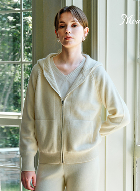 Mountlis蒙缇100%阿尔巴斯山羊绒拼花帽衫外搭宽松针织拉链外套