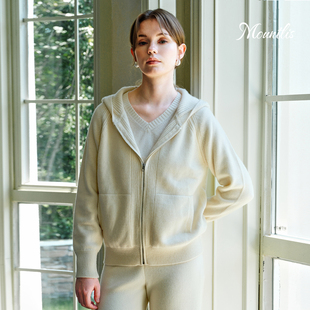 Mountlis蒙缇100%阿尔巴斯山羊绒拼花帽衫外搭宽松针织拉链外套