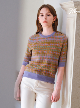 Mountlis蒙缇 100%阿尔巴斯山羊绒巴洛克风圆领拼接撞色针织半袖