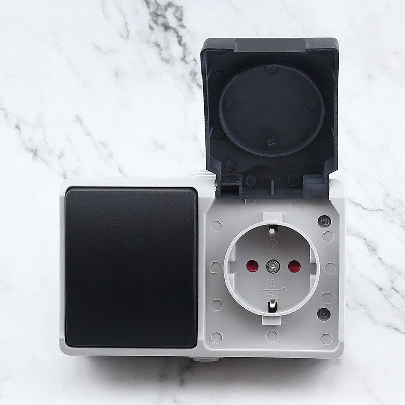 IP44黑灰明装德式防水单插座带一开单 户外欧标16A欧规防溅水插座