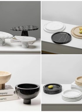 轻奢风客厅电g视柜茶几玄关酒店样板房创意大理石装饰果盘托盘摆