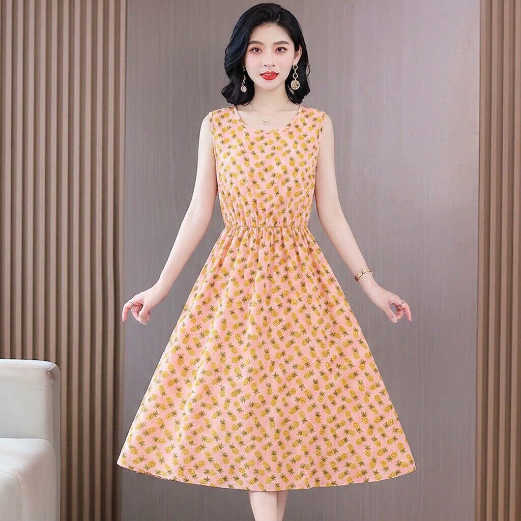 清仓捡漏~高档无袖菠萝印花连衣裙女夏收腰显瘦中长款妈妈裙薄款