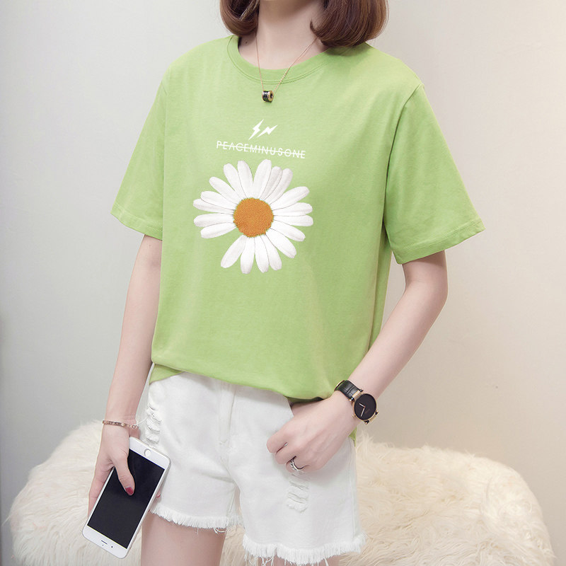 加大码胖胖女装上衣女绿色小雏菊短袖t恤清仓宽松显瘦遮肉体恤衫