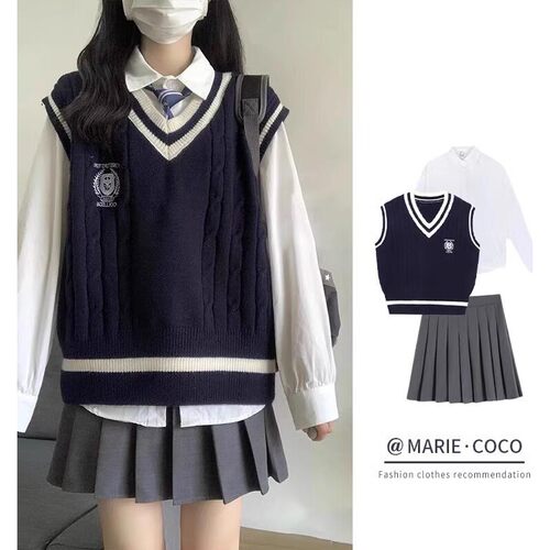 2026早春新款针织背心衬衫两件套学院风少女马甲衬衣百褶裙套装