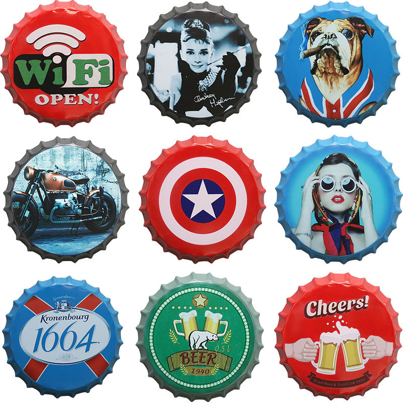 复古创意酒吧网咖餐厅烧烤店小吃店墙面铁艺立体啤酒盖.装饰画壁图片