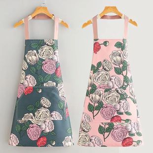 夏季 家用围腰L厨房做饭防污工作服女 新款 防水围裙挂脖大口袋时尚
