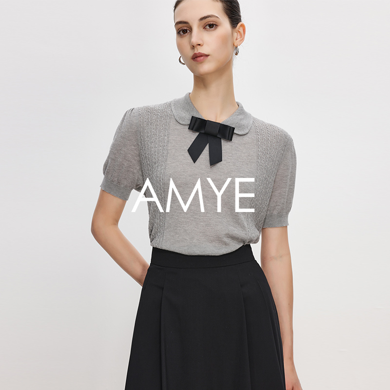 AMYE夏季新款娃娃领蝴蝶结浅灰色甜美百搭显瘦套头针织衫短袖