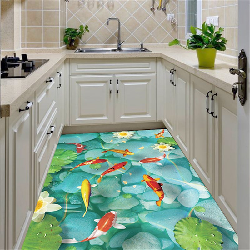 荷花鲤鱼海底厨房地面防水防滑x耐磨3d地贴立体防油壁纸浴室桌面