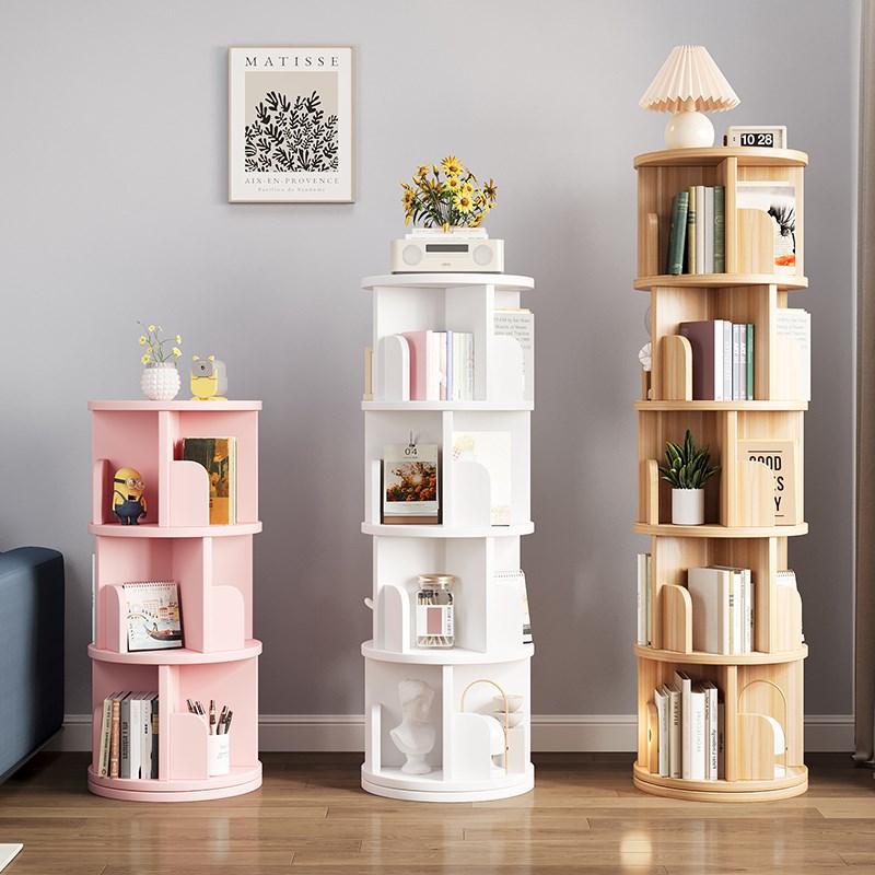 实木旋转书架360度书柜落地儿童置物架可移P动圆形多层客厅家用