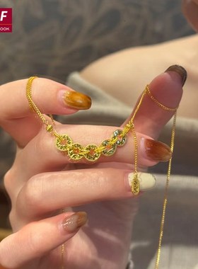 官方正品黄金项链女金包银钱多多五帝钱币招财锁骨链情.人节送女