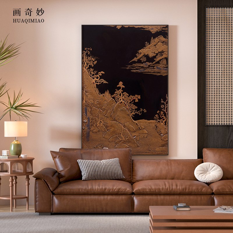 现代黑色中古风山水抽象客厅玄关装饰画卧室床头壁画竖挂画
