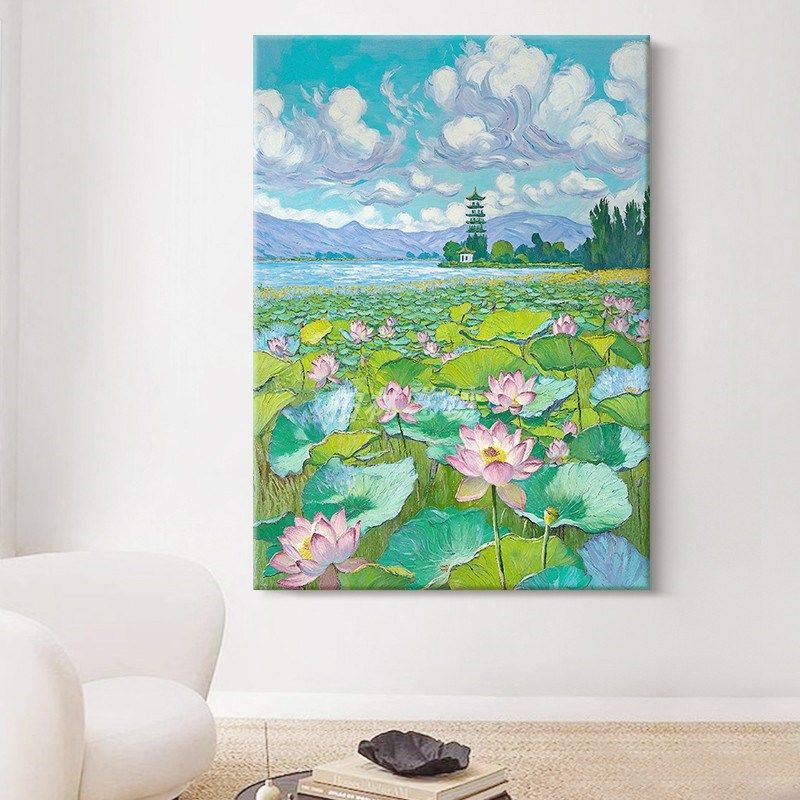 梵荷塘风景手绘油画客厅西湖荷装饰画玄关云朵抽象派肌理挂画