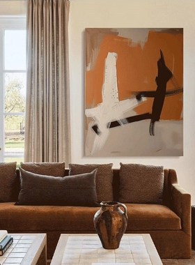 橙色手绘油画惊雾民宿极简客厅落地画奶油侘寂风玄关抽象肌理挂画