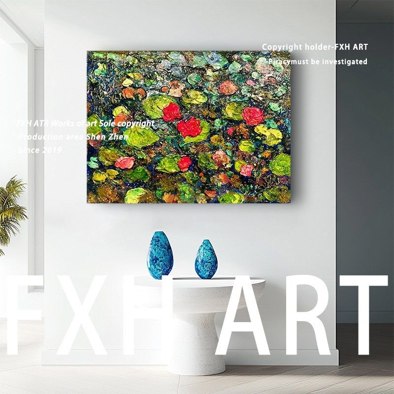 FH.手绘油画锦莲池荷莲池塘抽象感风景客厅背景墙装饰画,家居饰品,油画,淘宝优惠券,粉丝福利购,淘宝优惠卷