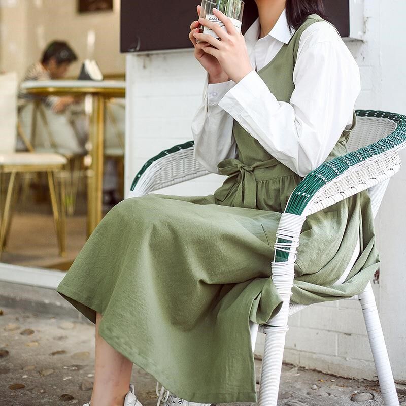 法式复古风棉麻女围裙大码包臀家具洁艺美甲医美工作印制