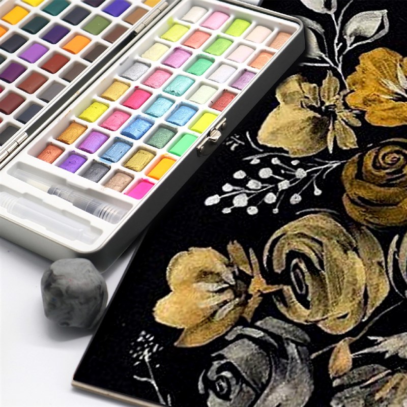 90色固体水彩颜料装 小铁盒美术绘画美甲晕染珠光水彩