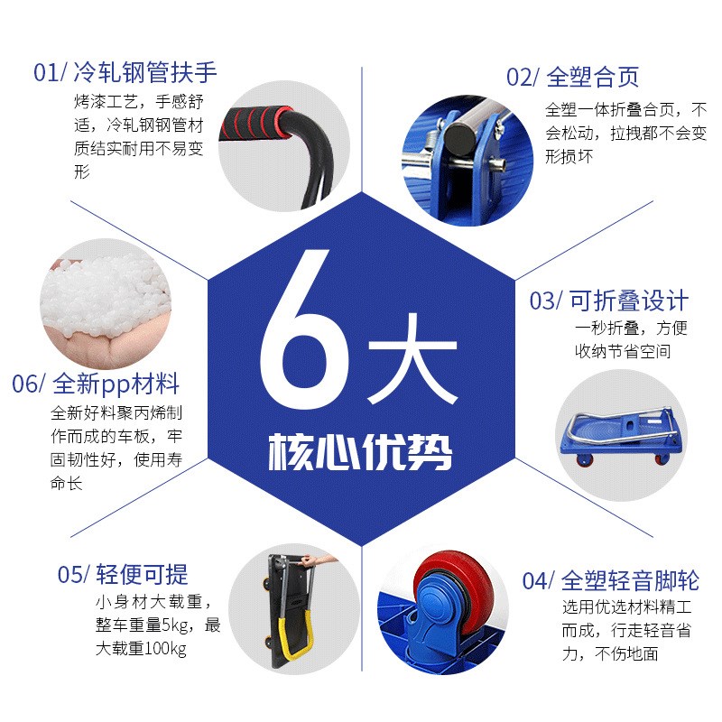 加厚四轮平板车折叠拉货手推车商用五金工具车物流拖车搬运小推车