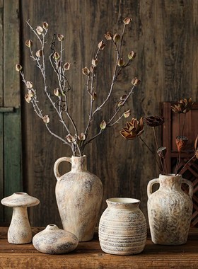 陶瓷瓶复古侘寂风民宿装饰品中古粗陶艺术插器家居