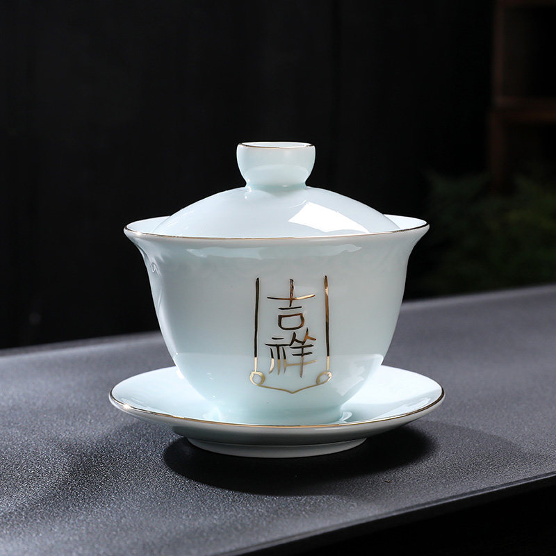 功夫茶具才盖碗手绘描金单茶碗青瓷喝茶杯子大容量