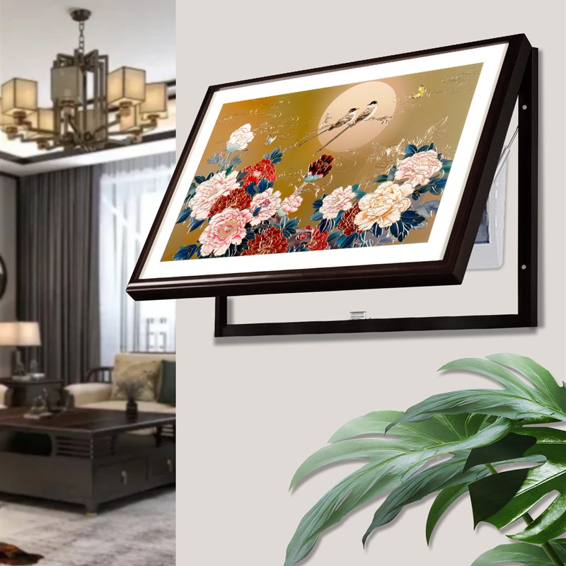 客厅电表箱装饰画中古风花开富贵铜雕画高品质遮挡箱挂画牡丹壁画图片