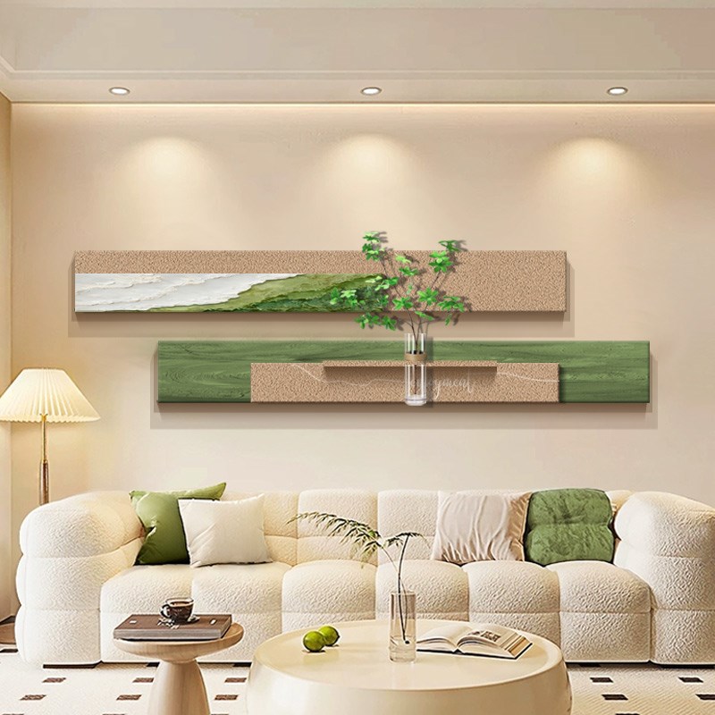 奶油风格水培绿色植物客厅装饰画立体长沙发背景墙挂画高端砂岩壁图片