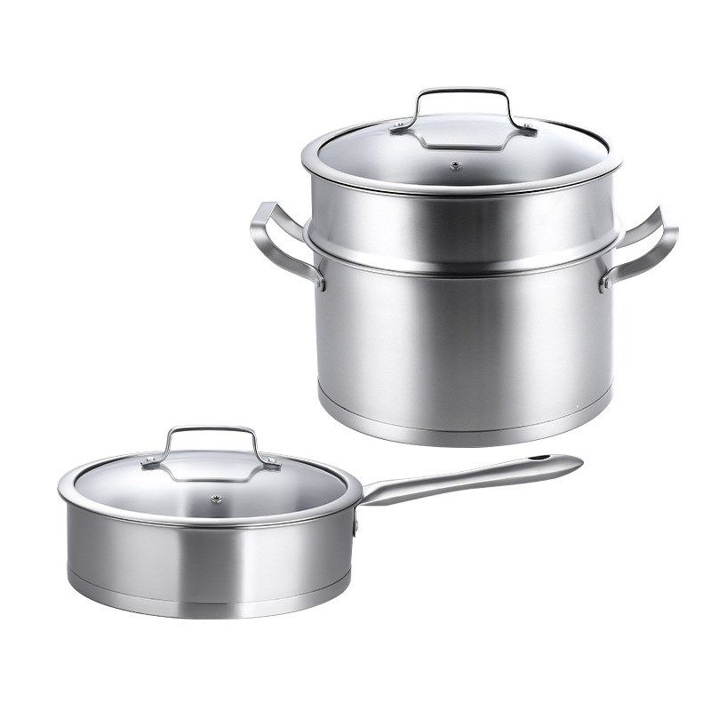 锅具两件装加厚蒸锅大汤锅蒸煮多层电磁炉燃气灶通用煎锅