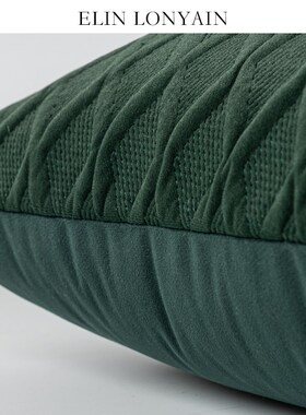 L LON现代绿色刺绣格纹绗缝靠垫抱枕样板房方枕腰枕