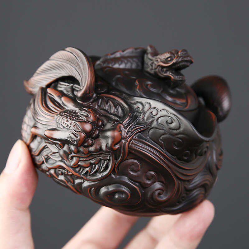建水紫陶飞龙壶手抓壶纯手工堆雕茶壶泡茶茶具装单壶大容量