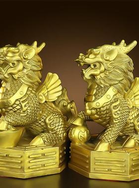 铜麒麟摆件公母一对纯铜八卦麒麟客厅办公室镇宅招财家居饰品