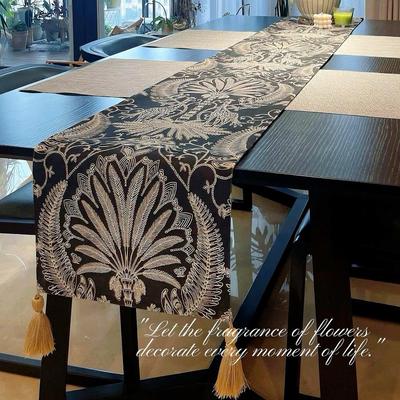 法式中古风桌旗黑色高级流苏盖布茶几防滑桌布防尘床旗长条桌旗