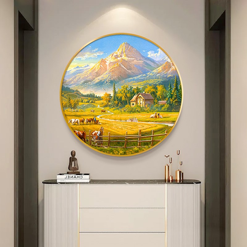 金山丰收手绘油画入户玄关柜装饰画现代轻奢走廊过道餐厅圆形挂画图片