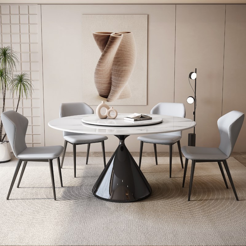 轻奢岩板餐桌椅组合家用小户型大理石圆桌现代简约圆形带转盘饭桌