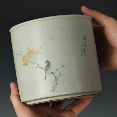 景德镇陶瓷秋实图大笔筒手绘彩瓷复古中国风多功能笔筒收纳盒摆件