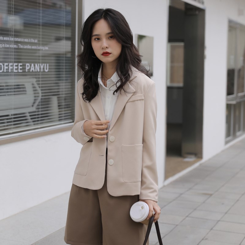 150cm小矮个子145杏色宽松百搭短款休闲小西服外套XS码女显瘦穿搭
