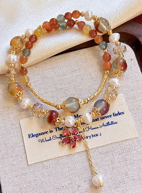 「花之恋」双层天然石珍珠手链女生小众新中式桃花手串闺蜜手饰