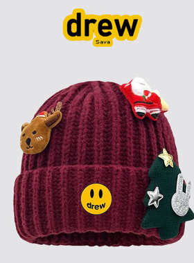 Drew  Sava笑脸圣诞红色毛线帽可爱麋鹿冬女氛围感针织帽圣诞麋鹿