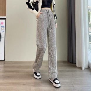 女秋冬2025新款 阔腿裤 垂感宽松bf慵懒风黑白斜条T纹休闲直筒运动