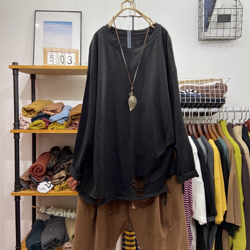 竹节棉圆领长袖T恤l女2022春季新款韩版J宽松中长款破洞打底衫内