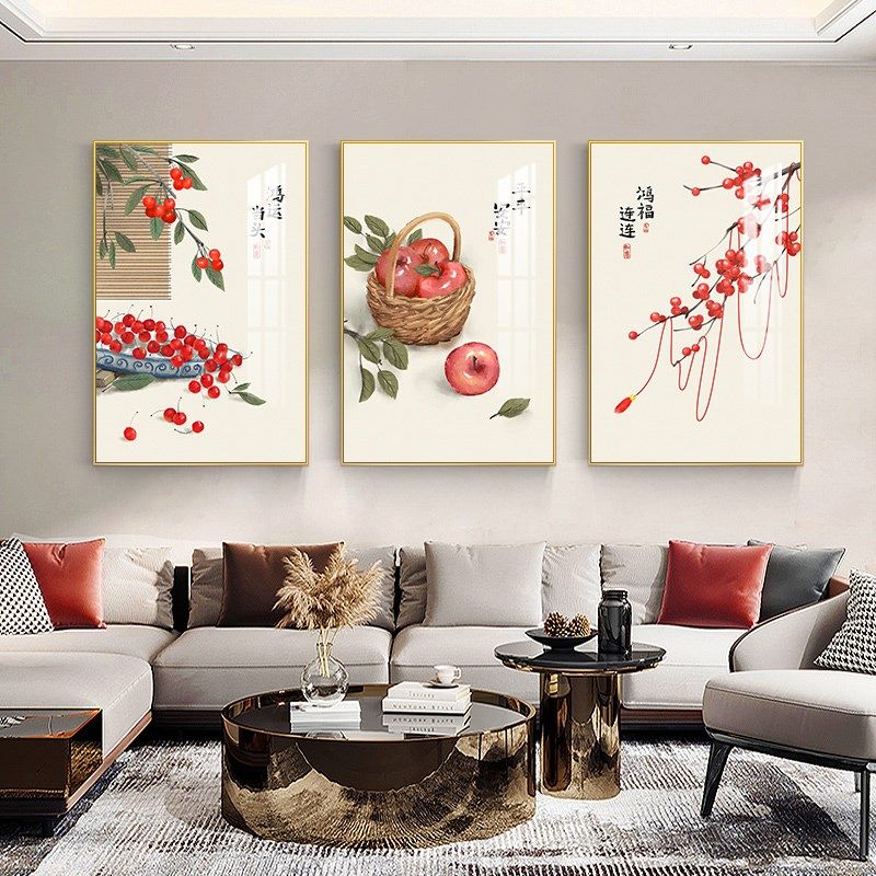 鸿运当头吃饭厅装饰画沙发背景墙上挂画新中式壁画现代墙画三联画,家居饰品,现代装饰画,淘宝优惠券,粉丝福利购,淘宝优惠卷