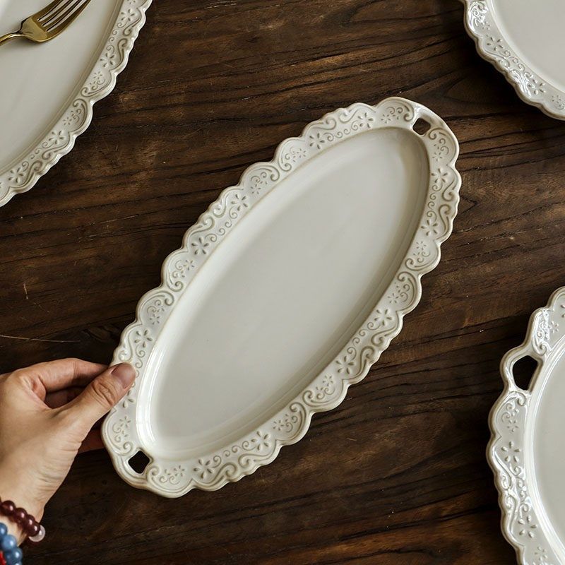 法式浮雕圆盘西餐意面牛排盘家用复古甜品盘椭圆鱼盘高级菜盘餐具,餐饮具,盘,淘宝优惠券,粉丝福利购,淘宝优惠卷