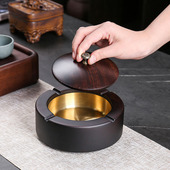 黑檀实木烟灰缸家用新中式 客厅高级感办公室茶台大号带盖防飞灰