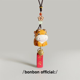 手工木雕牛哞哞车挂汽车后视镜挂饰挂件车载新车送朋友创意礼物
