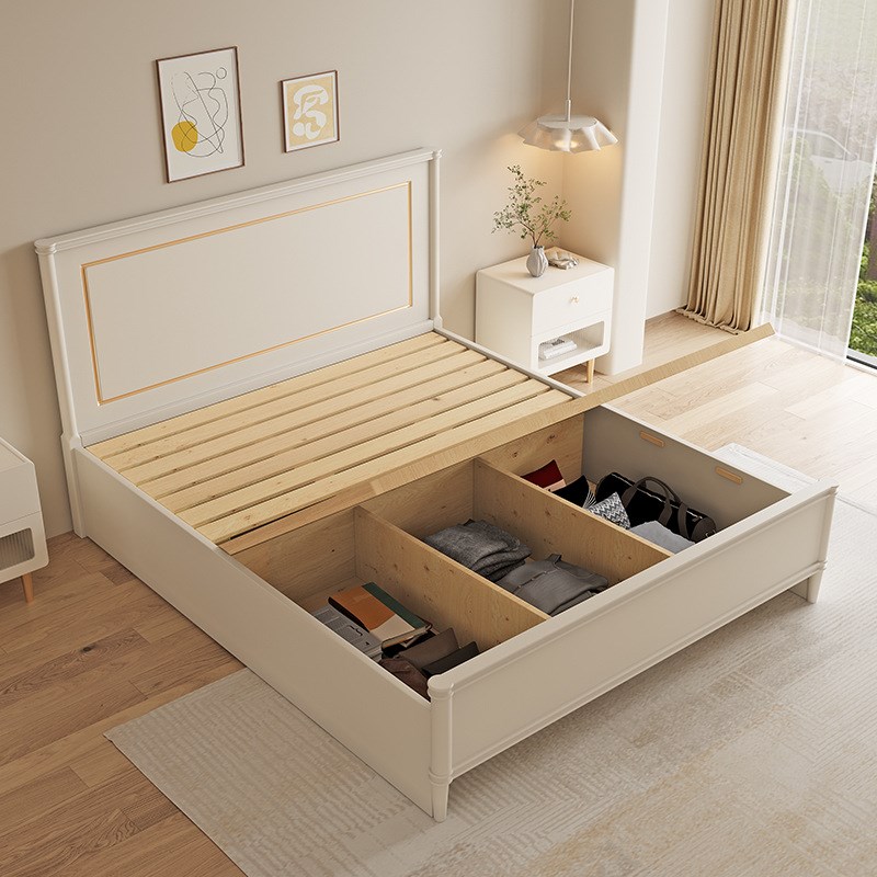 美式轻奢实木床现代简约奶油风白色1米8双人床主卧高箱储物床1.5m