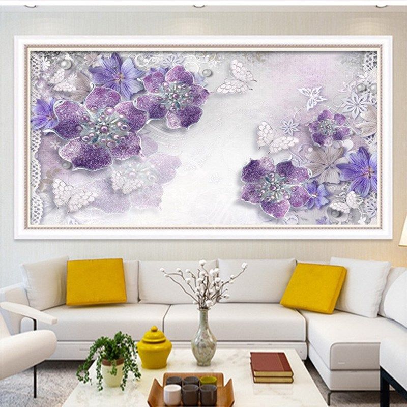 新款5D钻石画满钻石绣蝴蝶珍珠粘贴钻十字绣客厅简约现代紫色花卉,居家布艺,钻石绣,淘宝优惠券,粉丝福利购,淘宝优惠卷