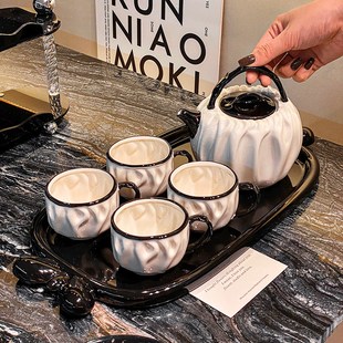 k精致家用客厅喝水杯带架釉下彩陶瓷餐具杯子 陶瓷咖啡杯碟套装