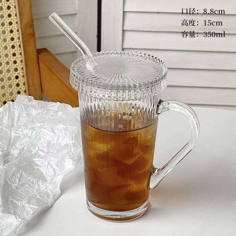 新品竖条纹带盖吸管杯 ins风高颜值带把玻璃水杯咖啡杯冰拿铁饮料
