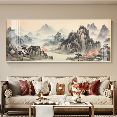 江山如画客厅山水画背有靠山办公室茶室新中式横板一整幅意境挂画