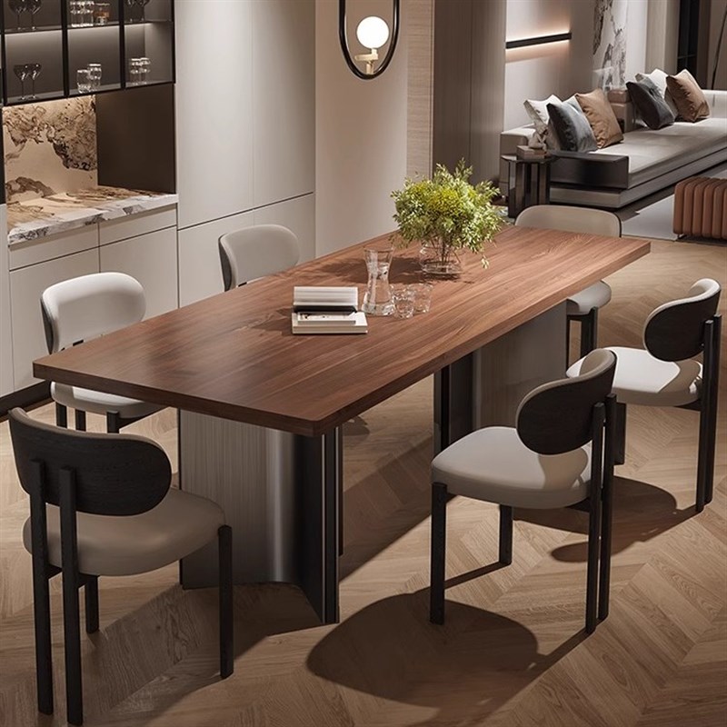 简约现代复古中古风胡桃色岩板桌面餐桌椅组合大户型岛台大板茶桌