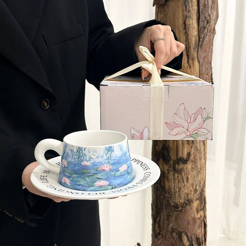 复古水莲花咖啡杯碟套装高颜值水杯陶瓷下午茶杯子伴手礼生日礼物